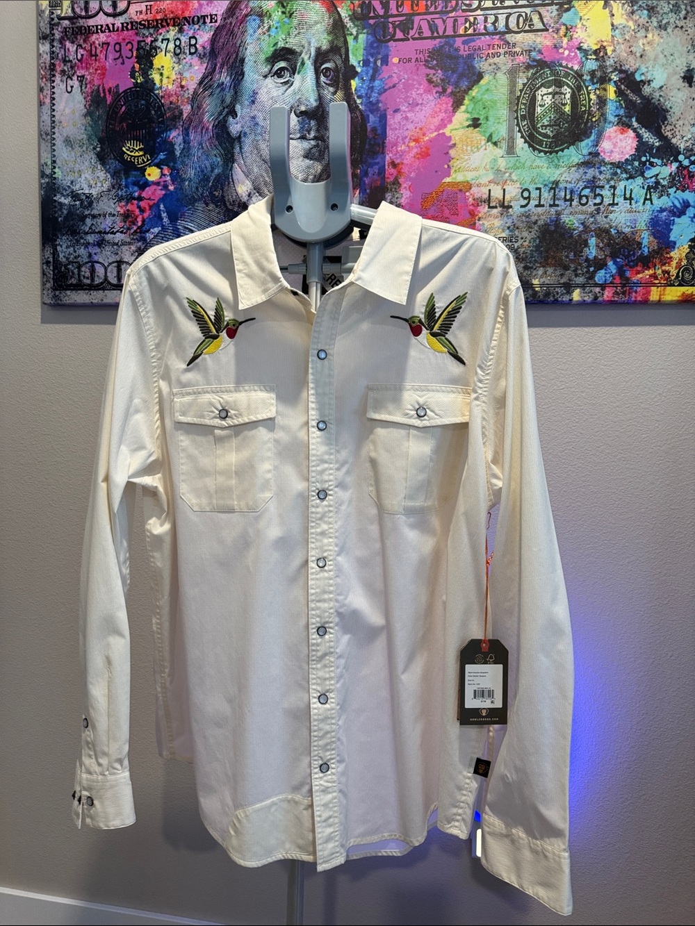 Howler Brothers Cream Button-Down Shirt with Hummingbird Embroidery